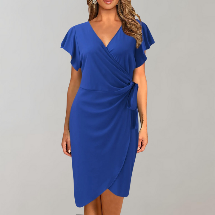 Sofia women's lightweight summer dress. Breezy short sleeves, elegant knee-length for versatile warm weather style.