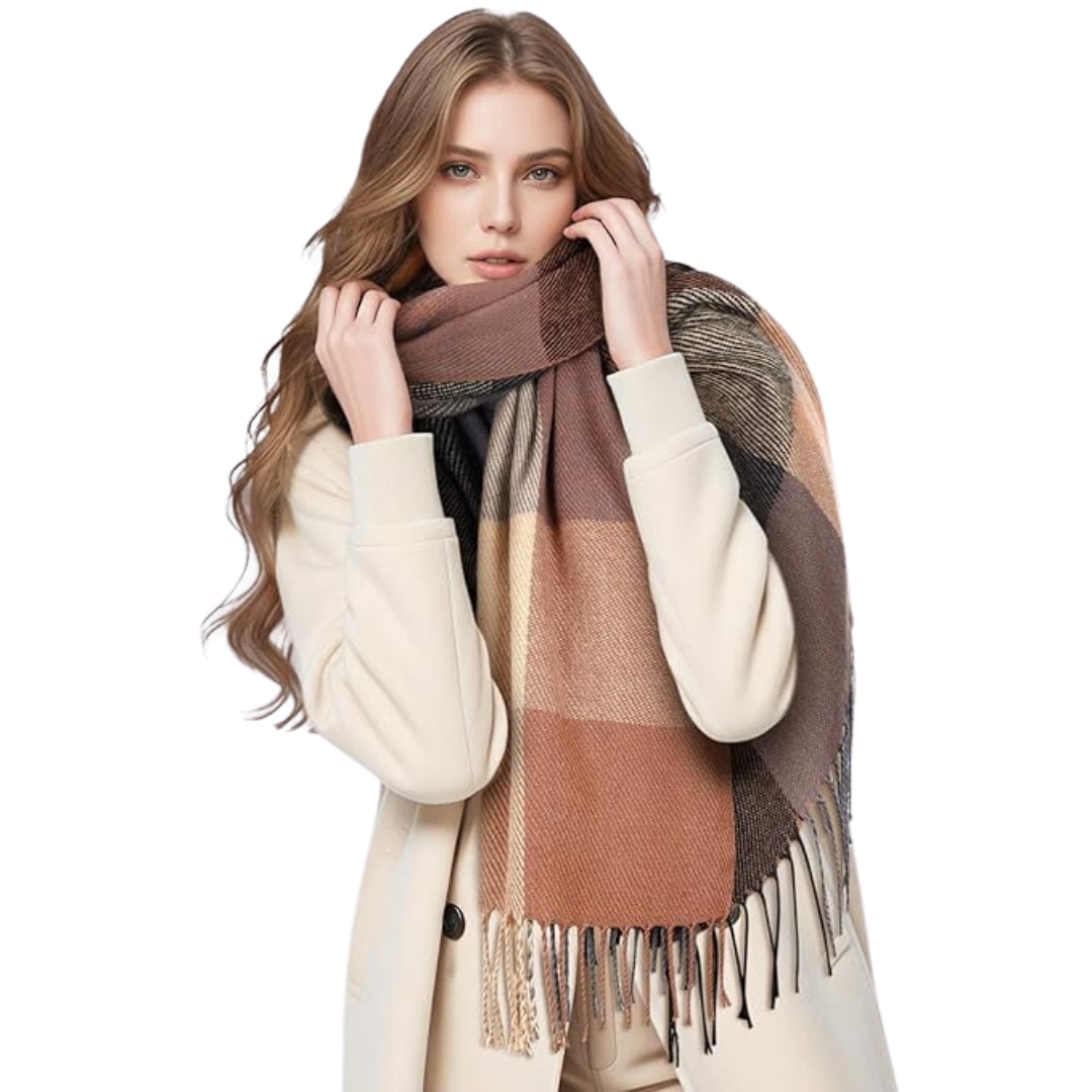 Detail of a women's soft cashmere blend plaid winter scarf texture, showcasing the luxurious fabric blend.