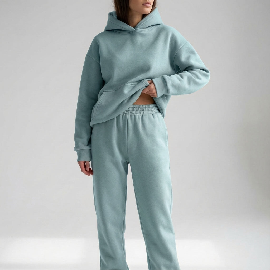 Soft fabric women's casual tracksuit, an oversized two-piece for relaxed, sporty vibes.