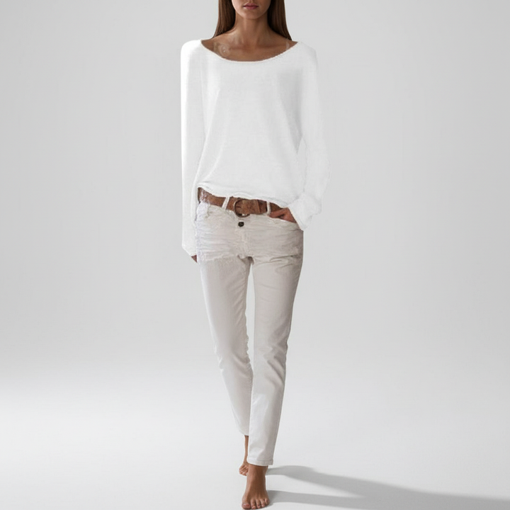 Front view of a women's casual long sleeve crewneck sweater, a must-have for comfort fashion