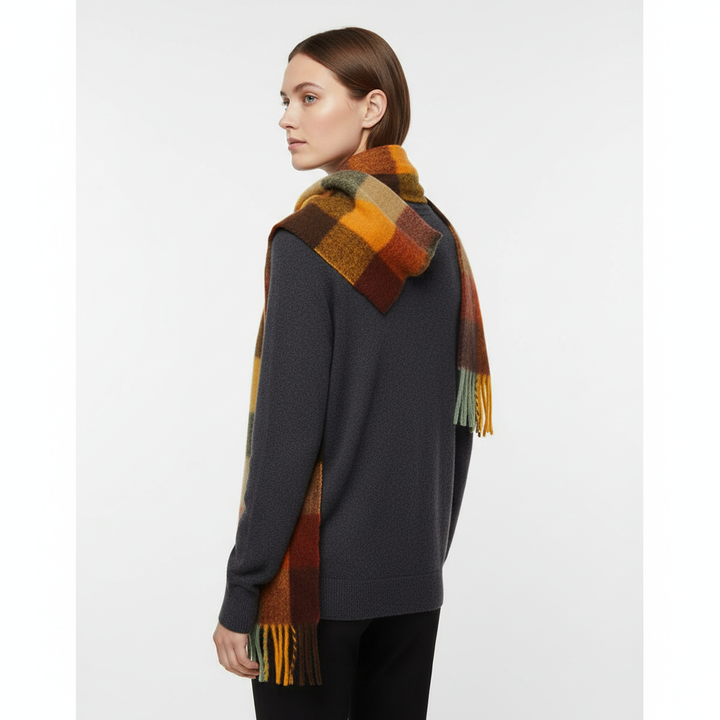 Detail of soft warm women's plaid scarf texture, cozy accessory