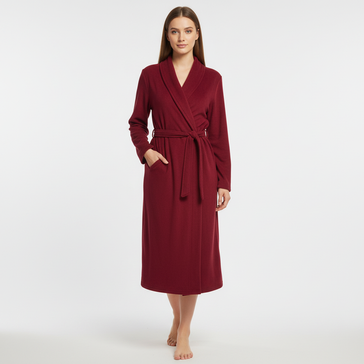 Luxurious women's loungewear: a soft, plush cotton terry spa robe with convenient pockets