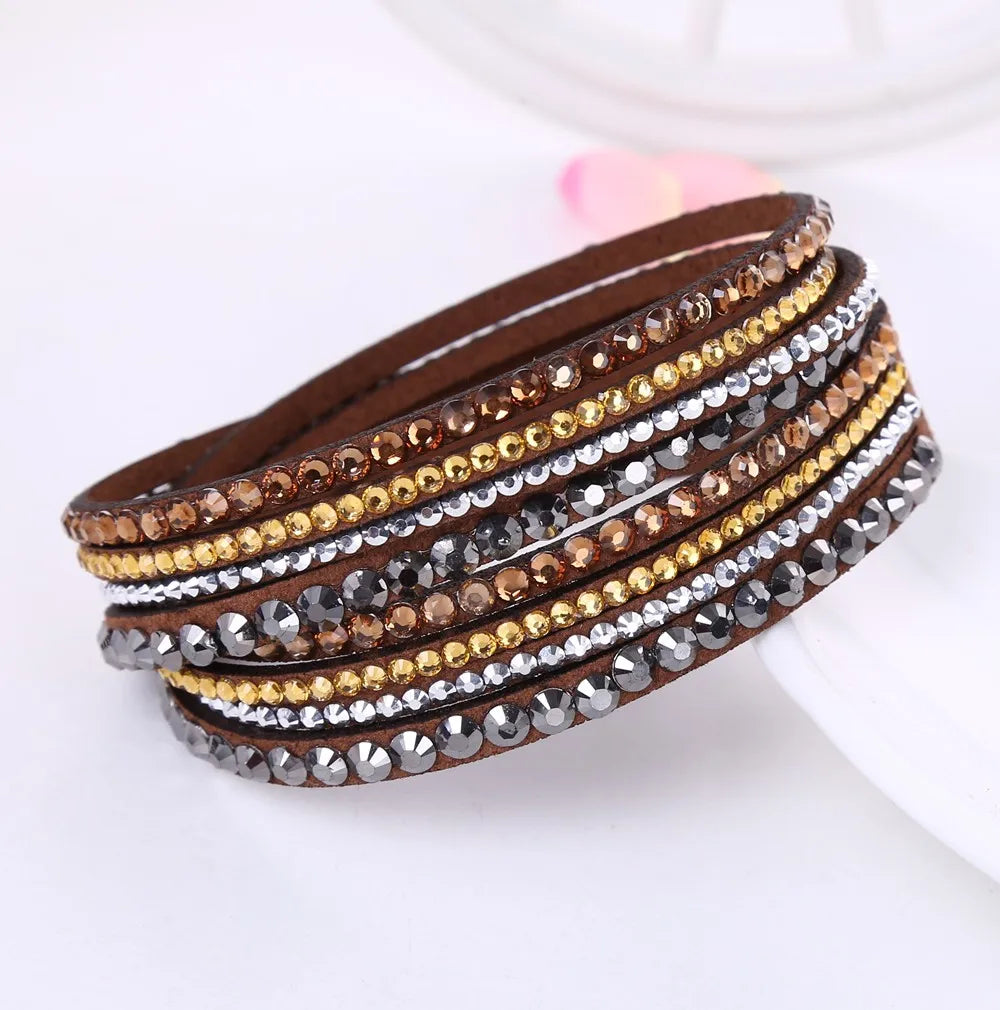 Luxurious women's sparkling wrap bracelet with layered rhinestones, essential jewelry accessory.