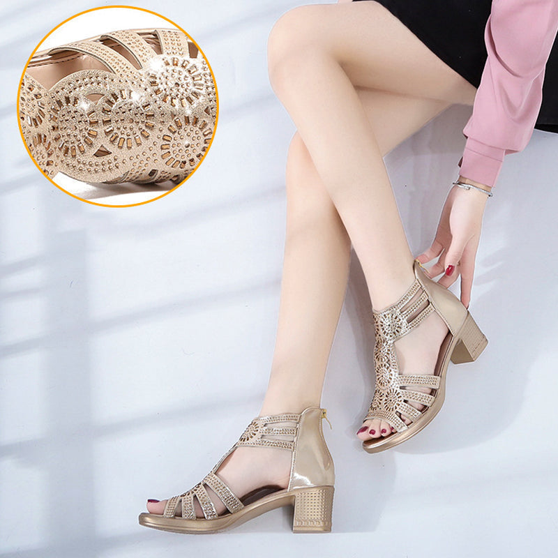 Versatile women's casual wedge sandals with sparkling rhinestones & comfortable zip closure.
