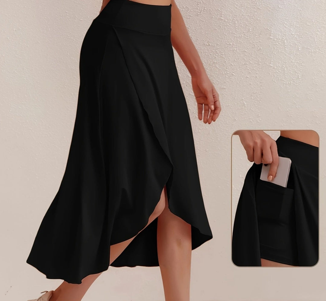 Trendy women's asymmetric A-line skirt with a comfortable high waistband. Great for athletic wear.
