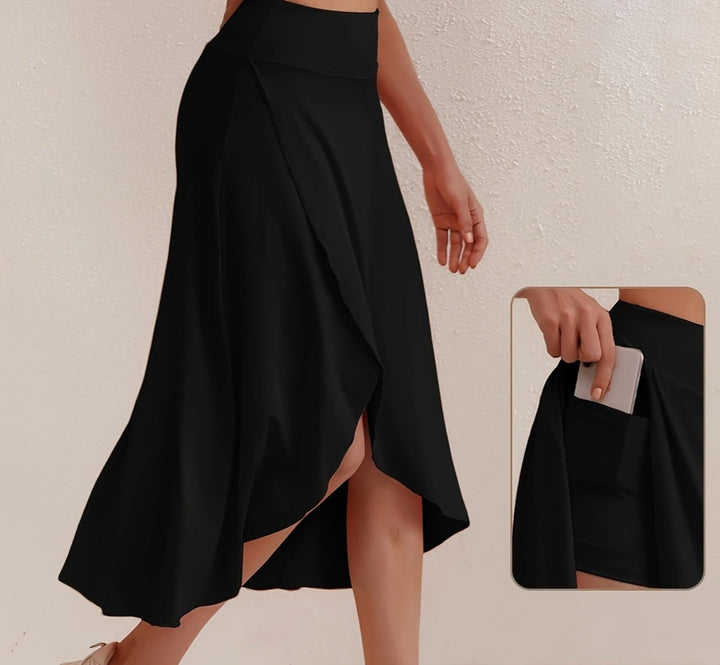 Trendy women's asymmetric A-line skirt with a comfortable high waistband. Great for athletic wear.