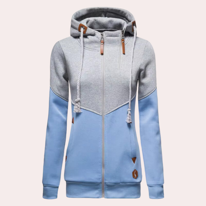 Durable women's sporty zip-up jacket with a hood, ideal for outdoor comfort & style.