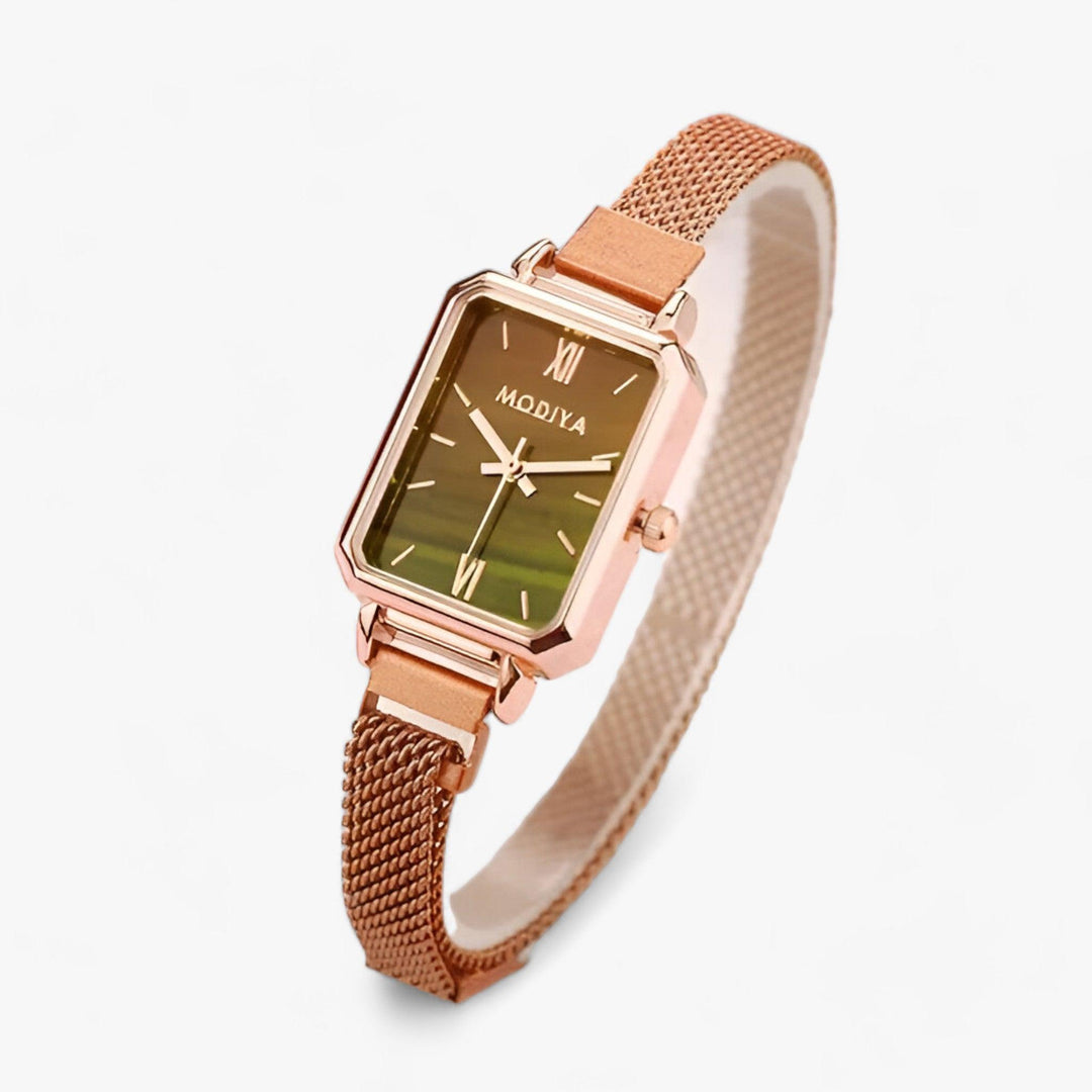White women's square watch with magnetic band. A chic and versatile timepiece, ideal fashion accessory.