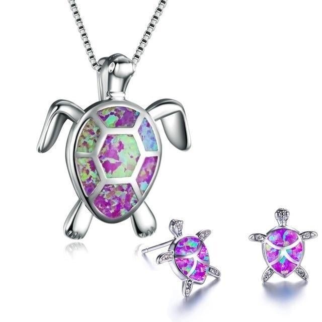 Gift-ready women's sterling silver turtle necklace & ocean-inspired opal earrings.