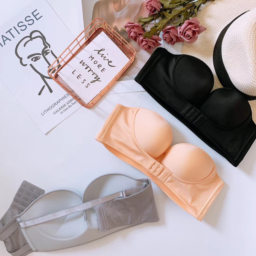 Supportive women's strapless bra with push-up design for natural enhancement.