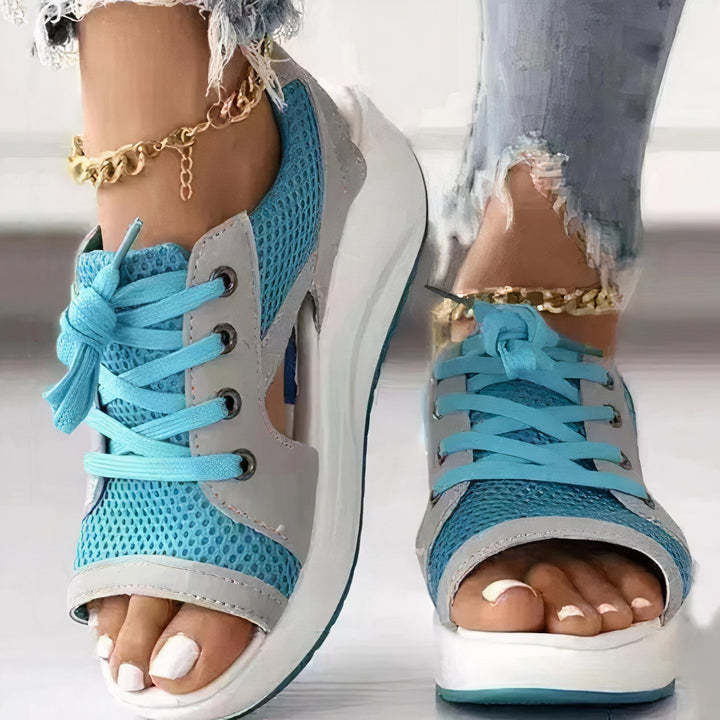 Women's strappy wedge heels with open toe & lace-up design, perfect for summer casual chic style.