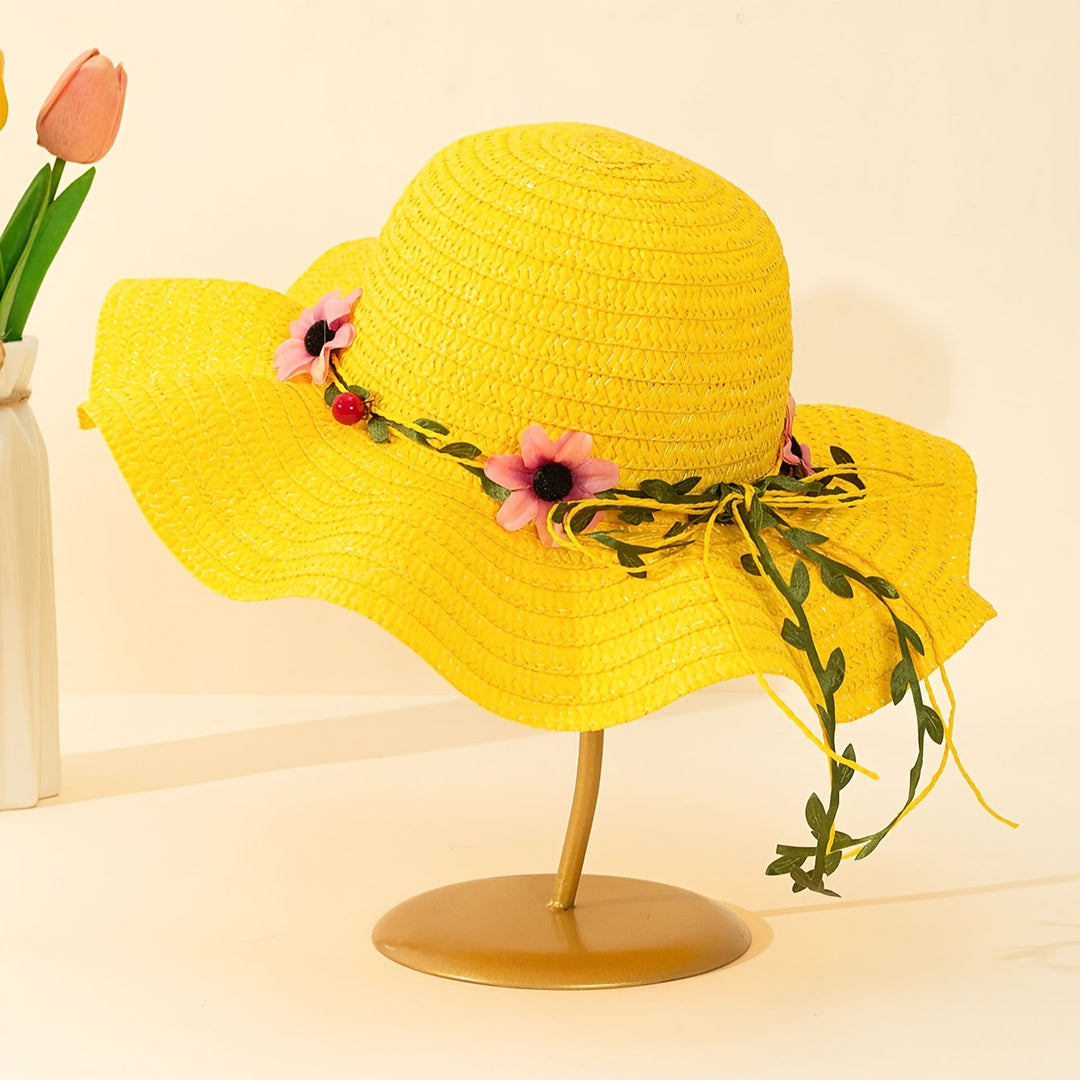 Garden party women's straw hat, embellished with beautiful summer flowers & fruits.