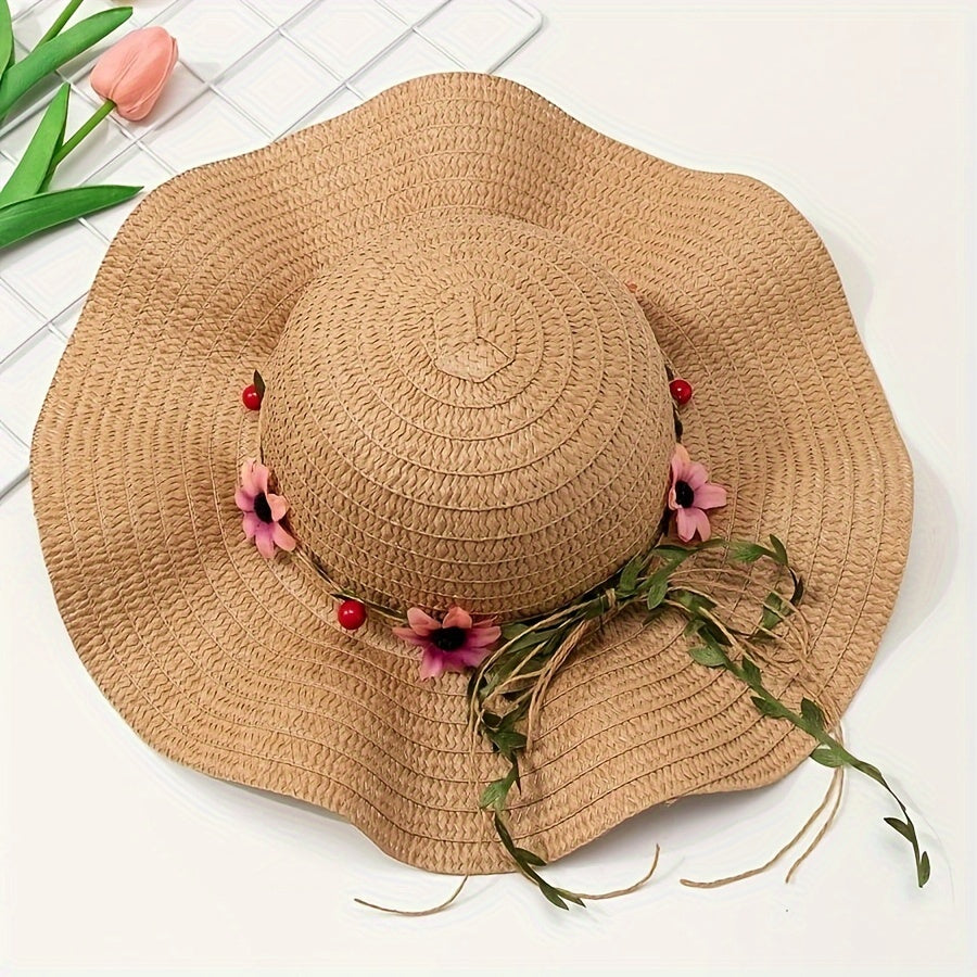 Elegant women's straw summer hat, adorned with delicate floral & fruit accents, for a chic look.