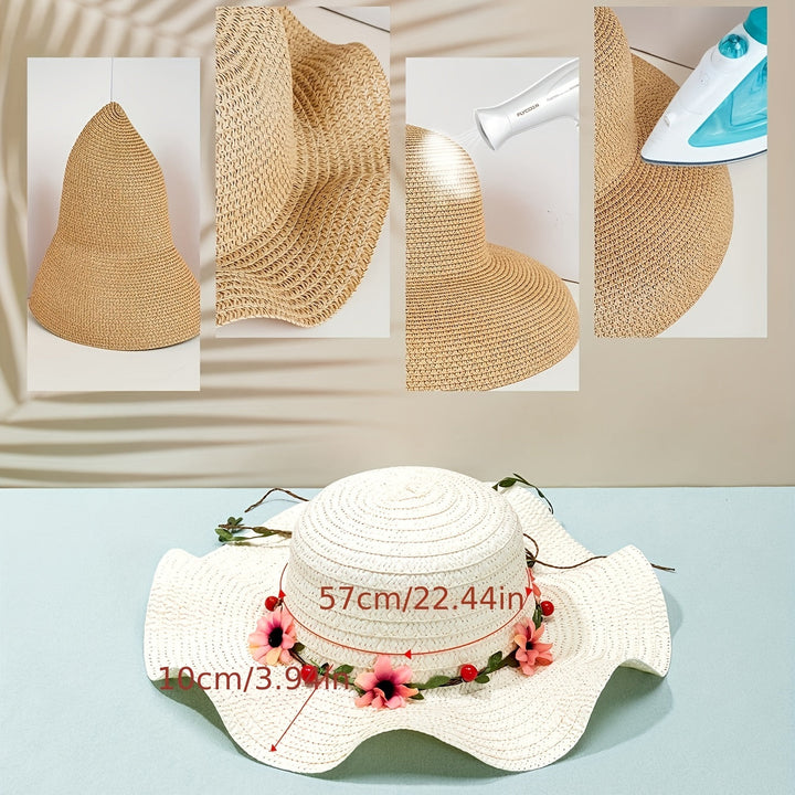 Chic women's straw hat, perfect for summer vacations, with charming floral & fruit embellishments.