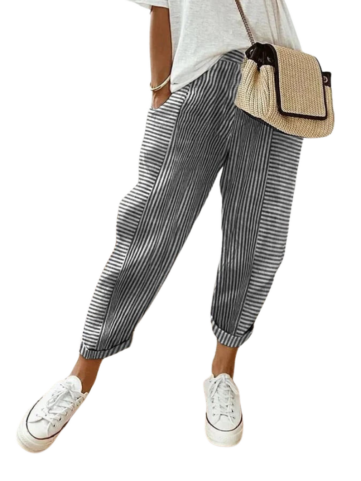 Women's striped cotton loose fit trousers, comfortable & breathable for casual summer wear & everyday style.