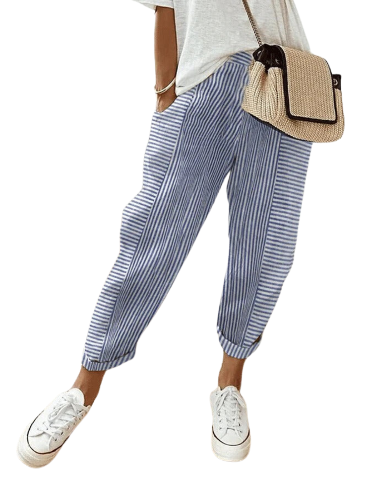 Relaxed fit women's striped cotton pants, high waist for comfort, perfect for loungewear & casual fashion.