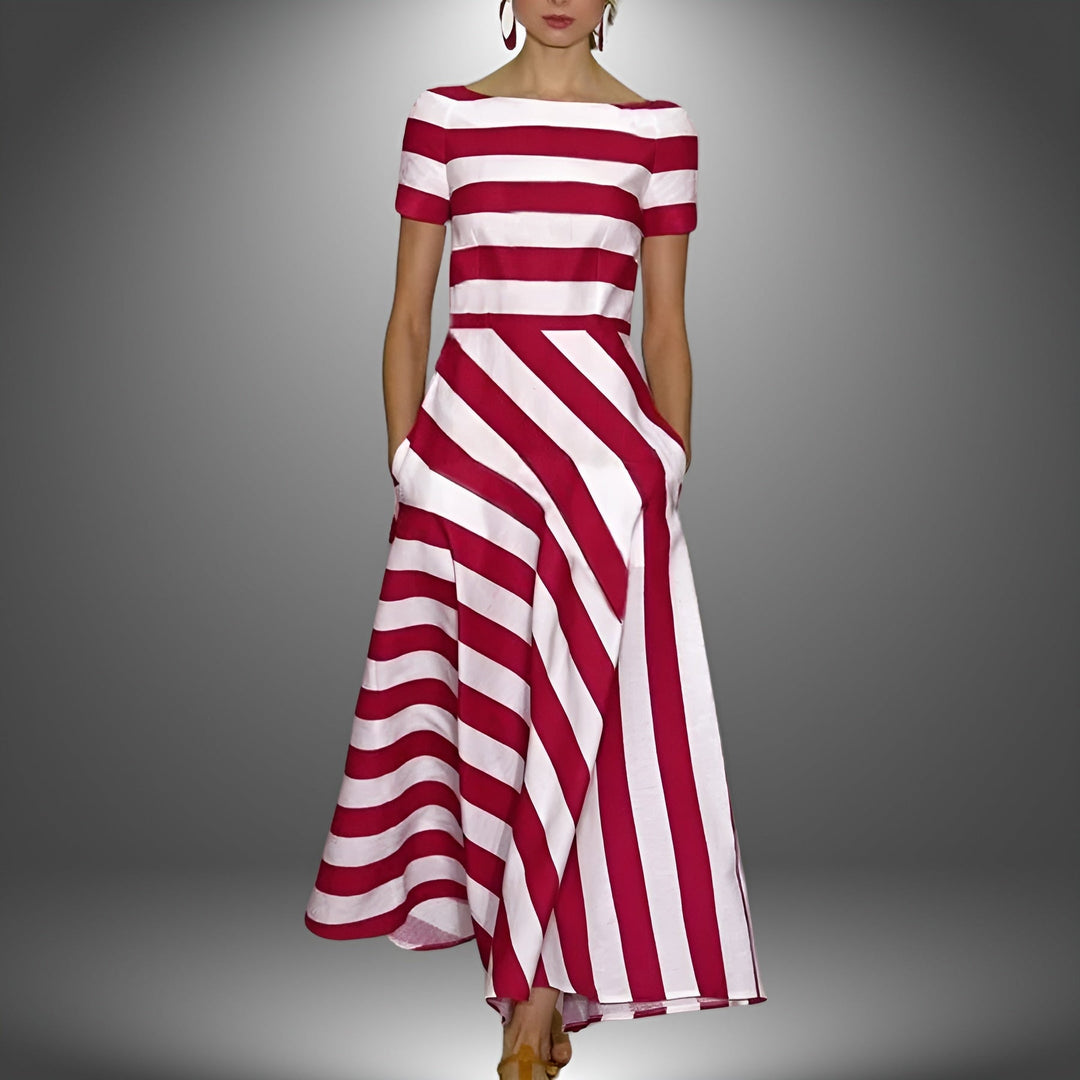 Stylish women's A-line striped maxi dress with short sleeves, ideal for comfortable summer casual outings.