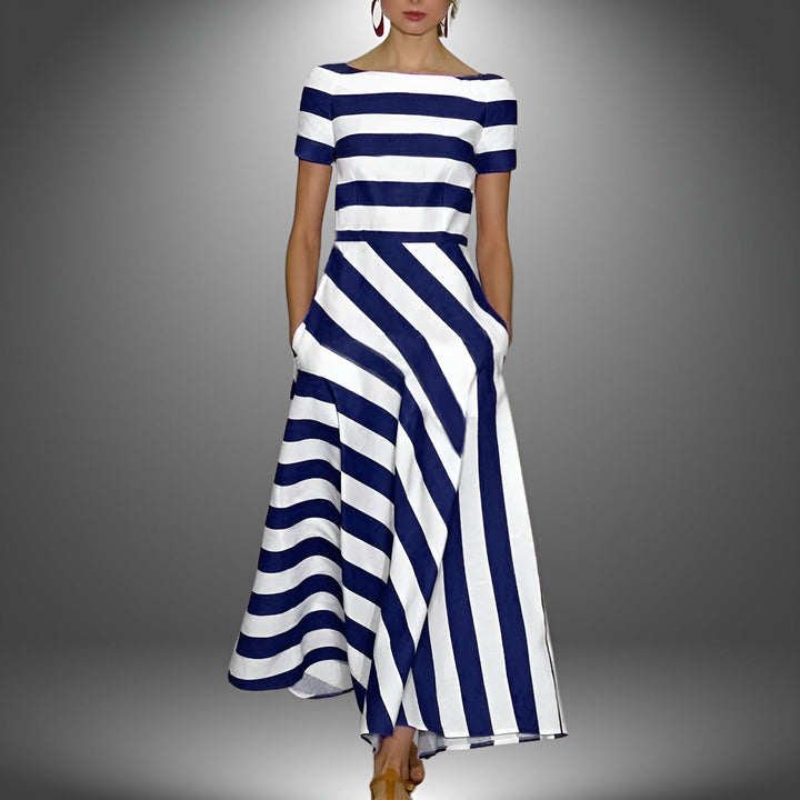 Comfortable women's striped short-sleeve maxi dress, a versatile summer casual or vacation dress.