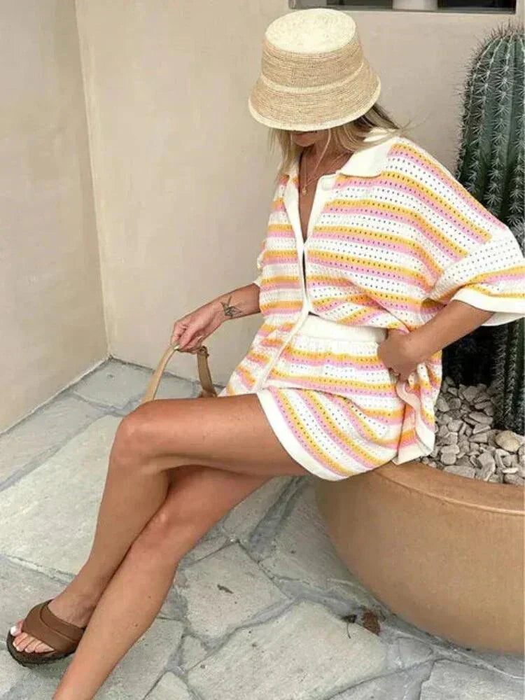 Versatile women's striped shorts set for summer, great as a casual outfit, loungewear, or beachwear.