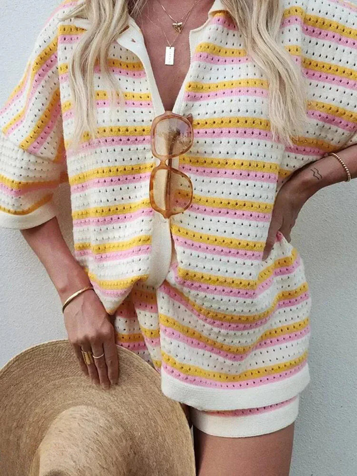 Stylish striped women's summer two-piece set with a comfy short sleeve top & elastic waist shorts.