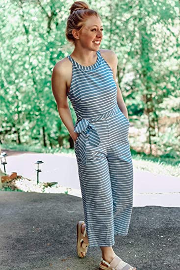 Women's striped V-neck wide leg jumpsuit for summer, ideal for casual wear & holidays