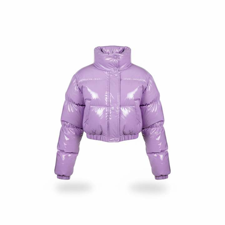 Back view of women's stylish black puffer jacket, ensuring warmth in cold winter weather