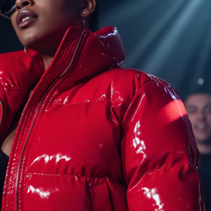 Close-up of a women's padded jacket, showing quilted detail of a stylish winter puffer