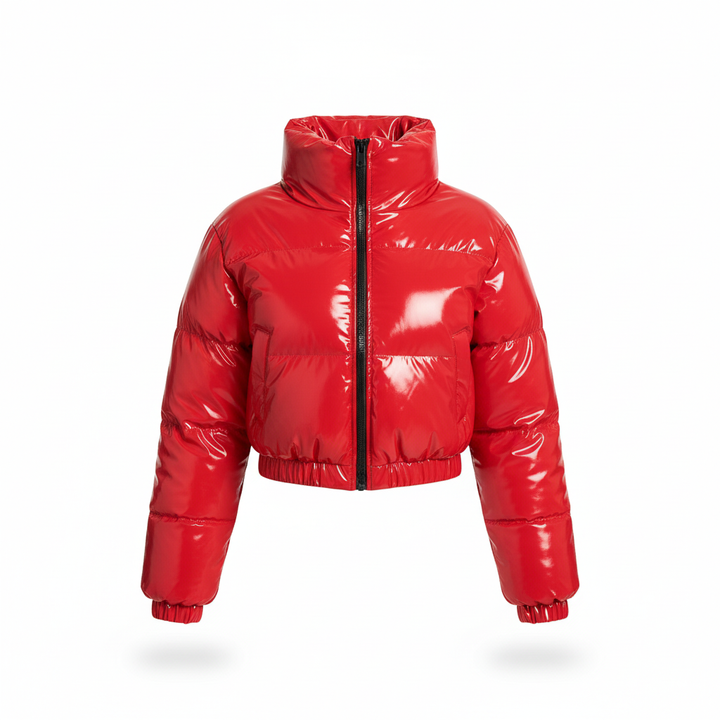 Side view of women's stylish puffer jacket, black fashion outerwear for cold winter days