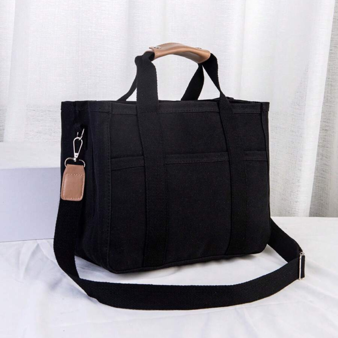 Stylish women's canvas shopping bag with secure zipper closure, great for daily errands and casual outings.