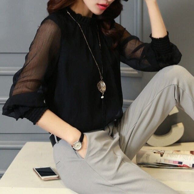 Women's stylish chiffon blouse with ruffles, sheer puff sleeves & stand collar. Elegant spring/summer fashion top.