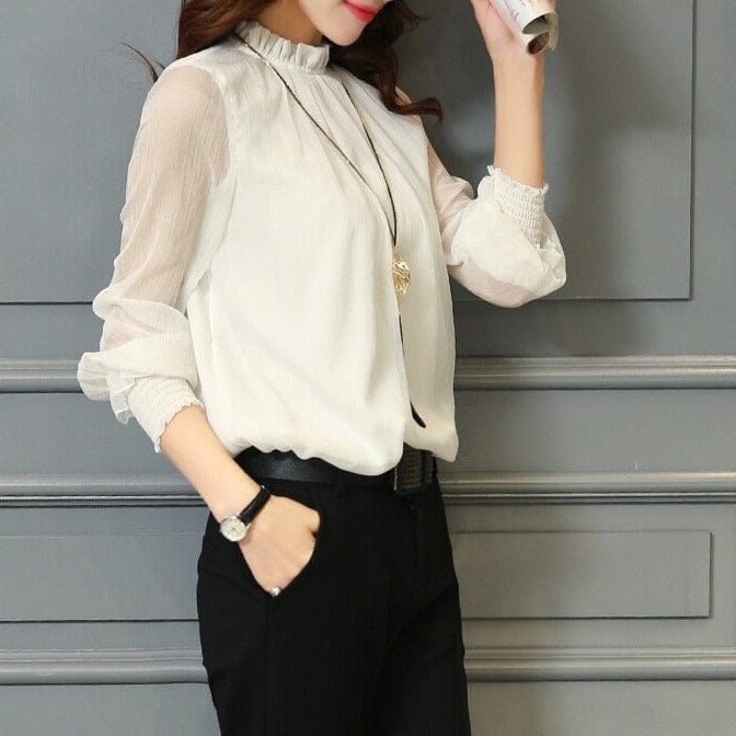 Versatile women's ruffle blouse with sheer sleeves for casual chic or elegant office wear. Solid color fashion top.