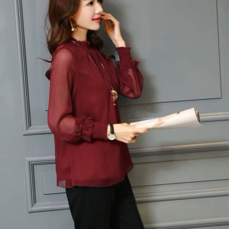Elegant women's chiffon blouse featuring stylish ruffles & delicate sheer puff sleeves. Perfect for summer fashion.