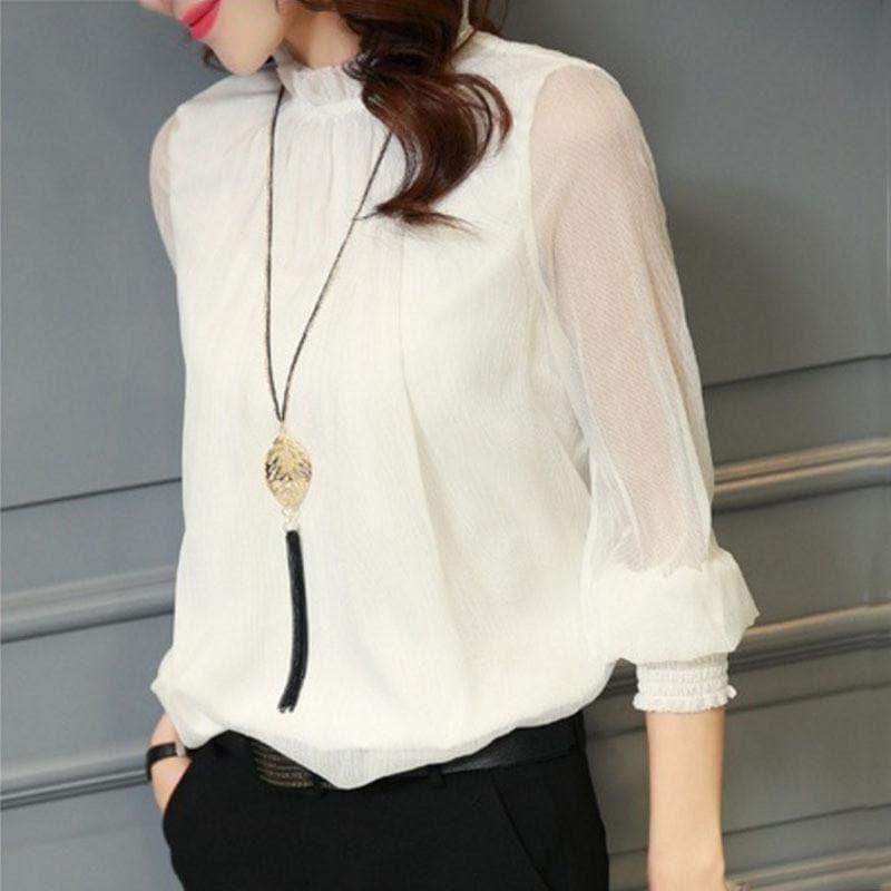 Elina elegant women's blouse with sheer ruffle sleeves & stand collar. Chic solid color top for spring fashion.