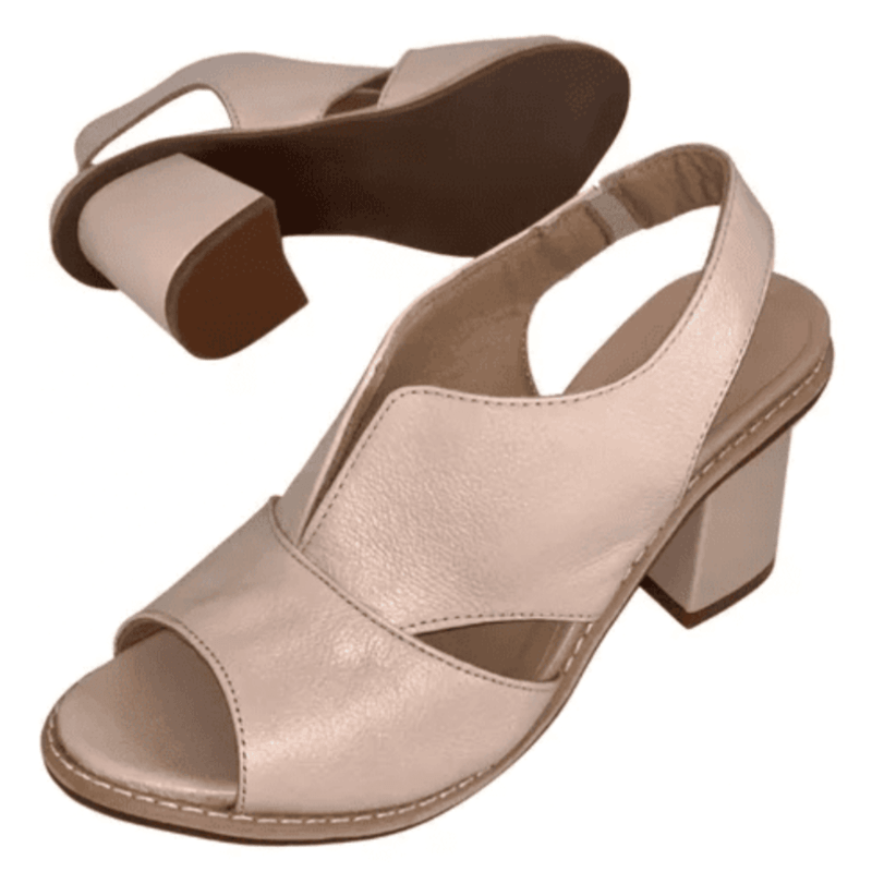 Women's versatile heeled leather sandals with adjustable strap and ergonomic comfort.