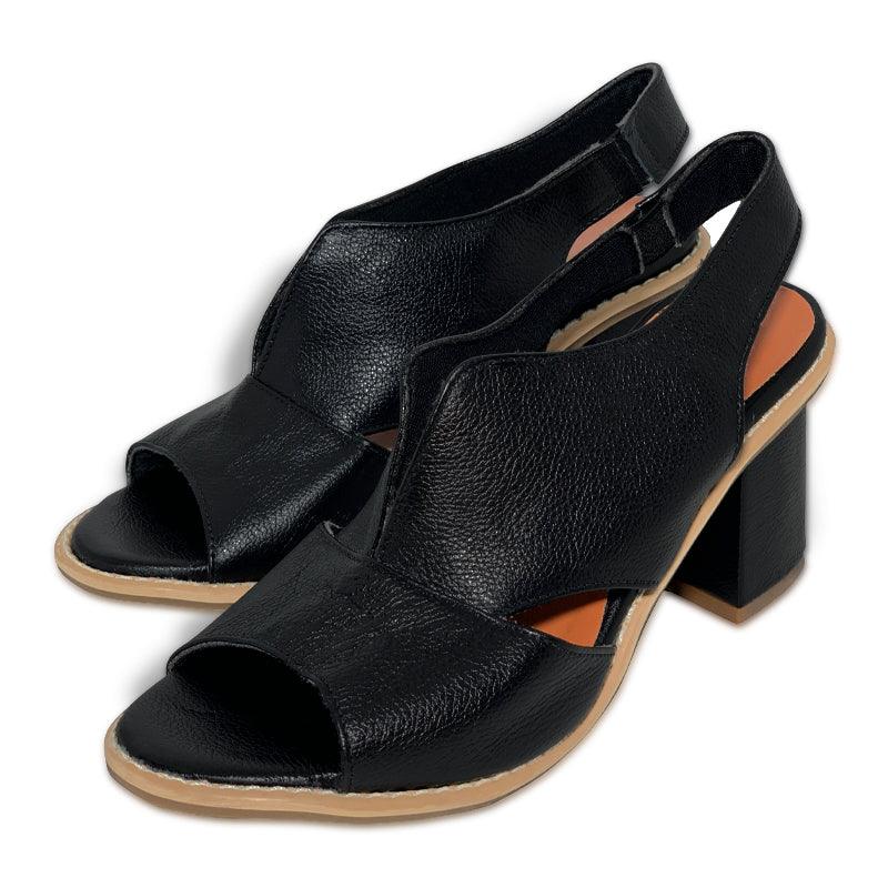 Stylish women's summer heeled leather sandals, offering ergonomic support and non-slip sole.