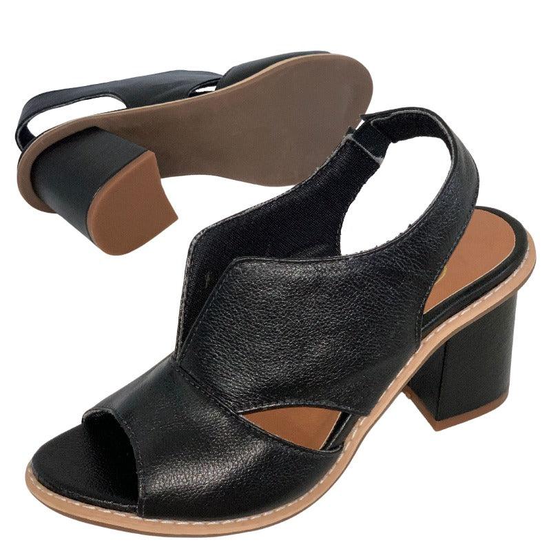 Close-up of the ergonomic comfort footbed in women's Selina heeled leather sandals.