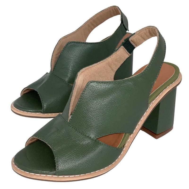 Side profile of women's heeled leather sandals, showcasing their elegant design and comfort.
