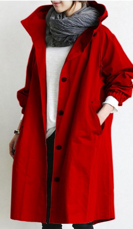 Long women's trench coat with hood, a stylish and versatile outerwear piece for all weather conditions.