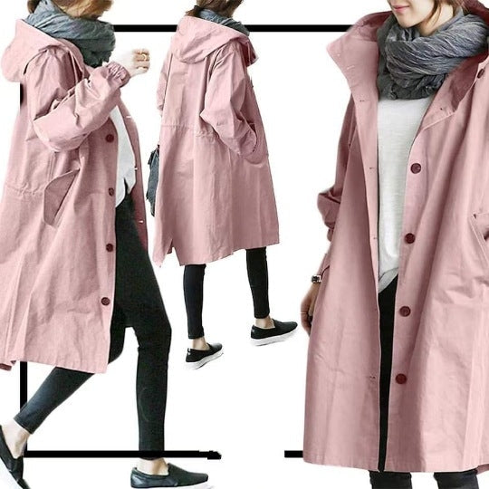 Stylish women's hooded raincoat, a long trench coat for all-weather protection and ladies' fashion.