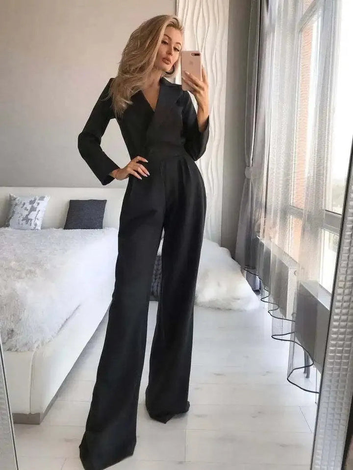 Women's stylish long sleeve jumpsuit, black, straight leg. Perfect for chic evening or comfortable office wear.