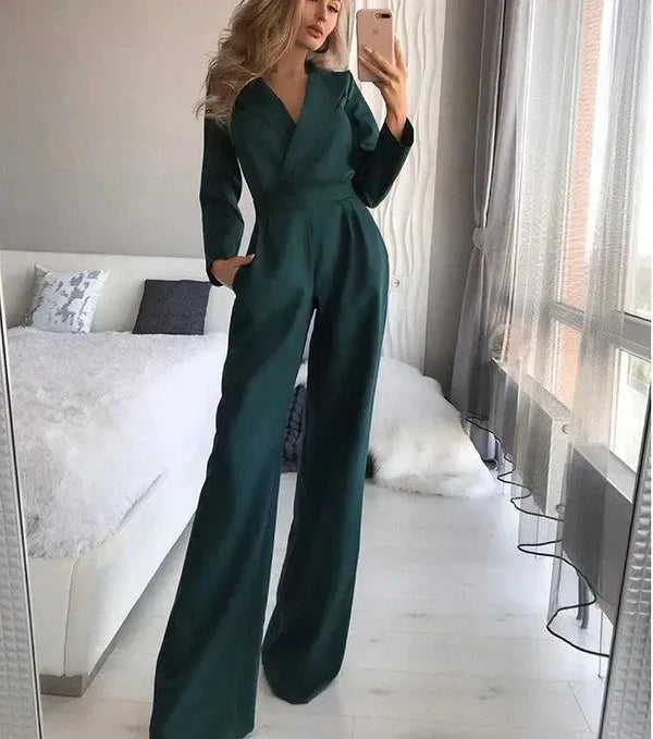 Comfortable women's chic long sleeve jumpsuit with a flattering straight leg design, perfect for modern fashion.