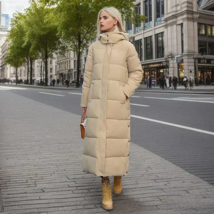Fashionable women's long winter coat, a key item for your cold weather wardrobe.