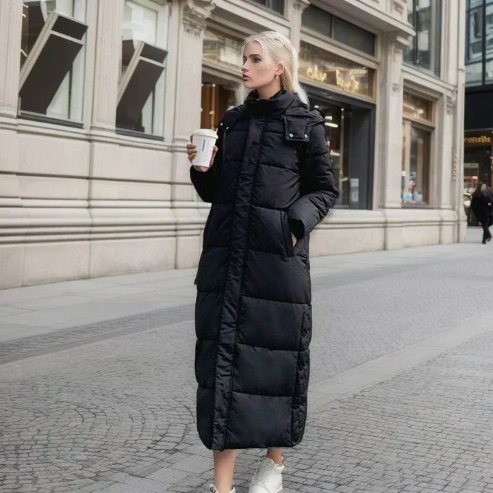 Warm women's long jacket, perfect for staying cozy and stylish during winter.