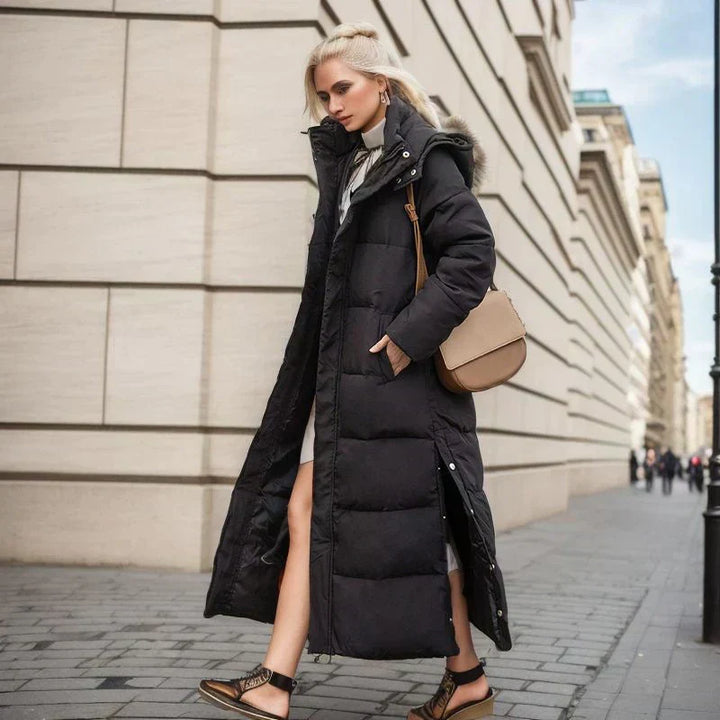 Women's long warm coat, blending elegant design with practical winter comfort.