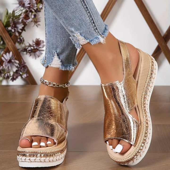 Elegant women's orthopedic wedge sandals with chic fringe & peep toe, perfect for stylish comfort.