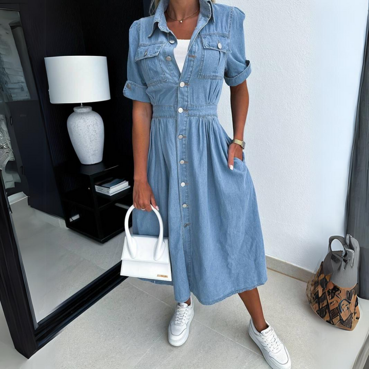Women's stylish short sleeve denim shirt dress, perfect for casual spring/summer fashion.