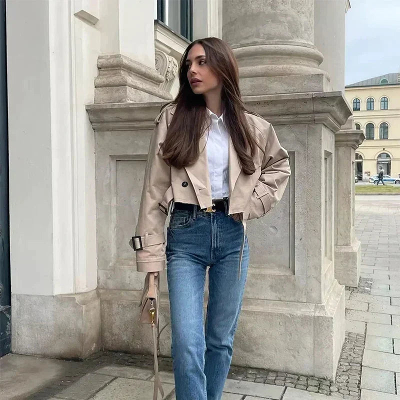 Women's stylish short trench coat with belt, perfect for spring & fall fashion.