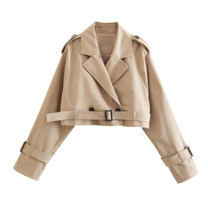 Trendy ladies' belted short trench jacket, ideal transitional outerwear for women.