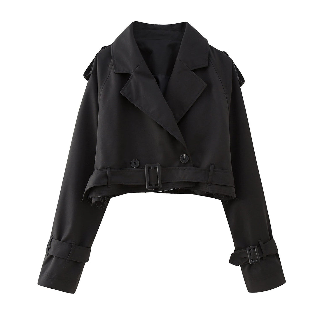 Elegant women's short trench coat with belt, tailored for a flattering fit and style.