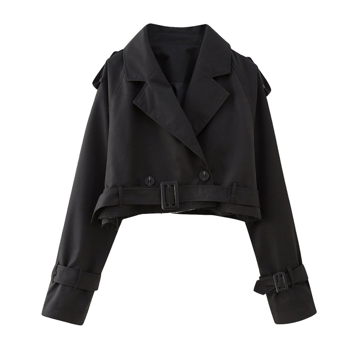 Elegant women's short trench coat with belt, tailored for a flattering fit and style.